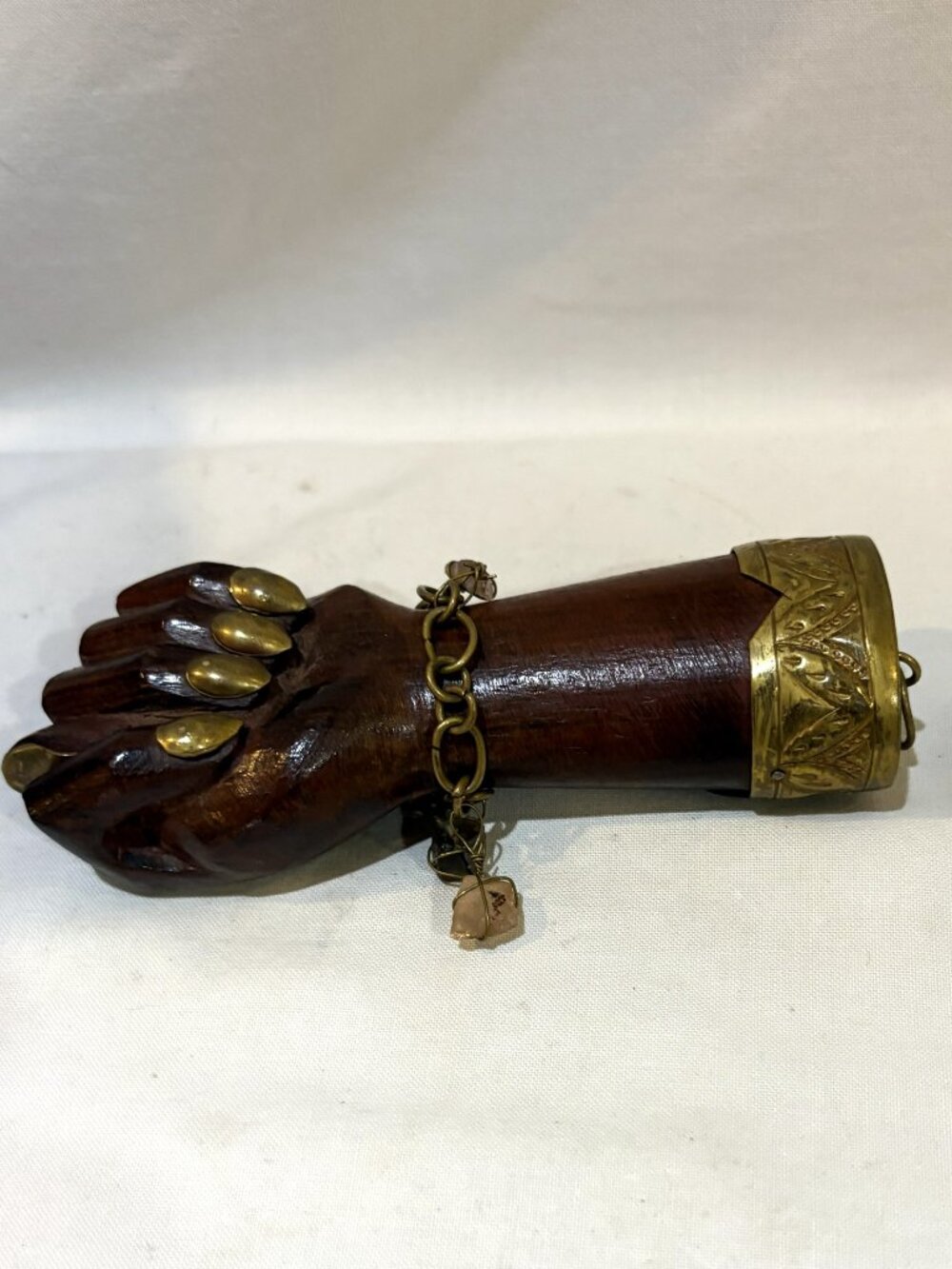 VTG FIGA Carved Wood Brass & Gemstone Hand Fist Fertility Charm Figurine Decor
